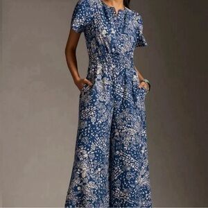 Anthropologie The Somerset Wide Leg Jumpsuit  Blue White Floral XS Short Sleeve